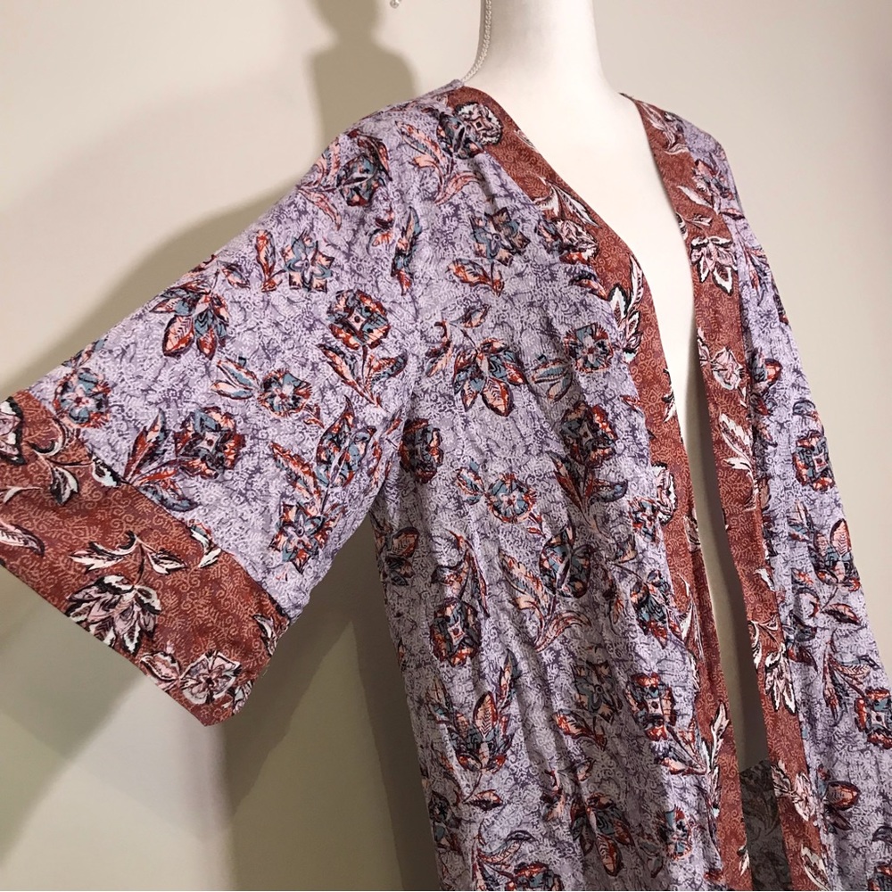 Maurices Floral Kimono Long Length Purple Brown Border Print Size 0X - Picture 5 of 15